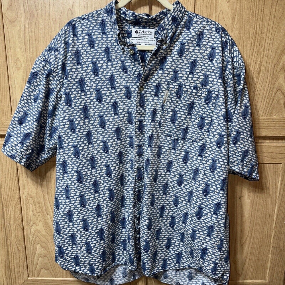Columbia Fishing Camp Shirt Button Down Blue Mens Size X Large Fish Hiking